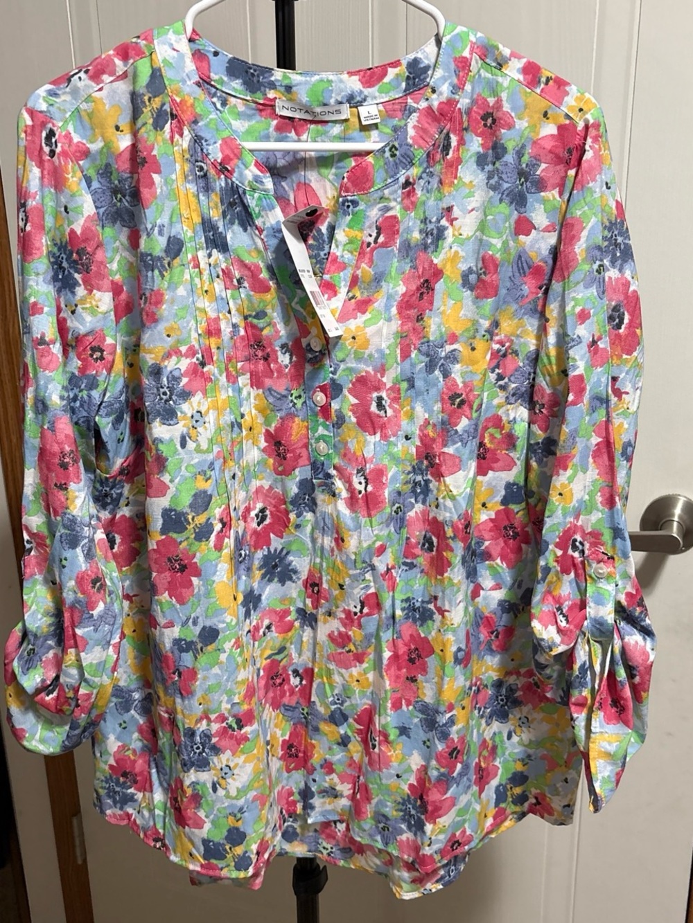 Notations Pink Multi Floral Pintuck Button-Front Blouse